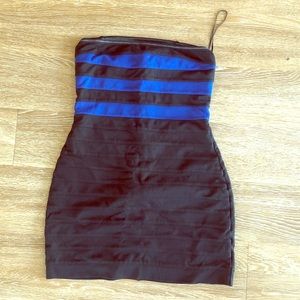 Mini black Express bandage dress with blue stripes